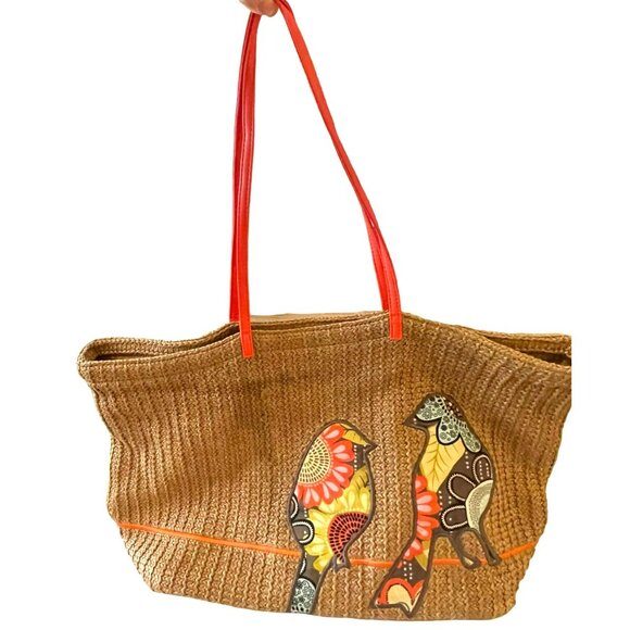 Vera Bradley Woven Straw Tote Birds on a Wire - Picture 1 of 8